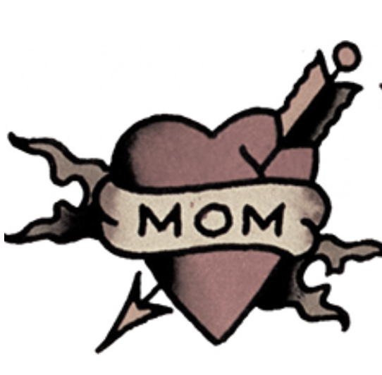 Drawing of a heart with arrow in and a tag that has MOM written on it.